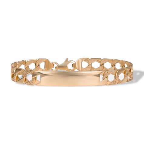 9ct Solid Yellow Gold Ornate Patterned ID Plate Bracelet - 9mm Wide, 7.5" Long - Ladies