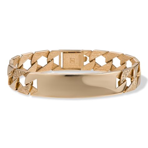9ct Solid Yellow Gold Ornate Pattern ID Plate Bracelet - 14mm Wide - 8.75" Long - Gents (SIZE 5) Ex Display
