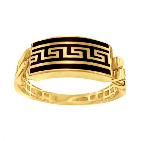9ct Gold Black Enamel Greek Key Cuban Style Ring - Gents - size R