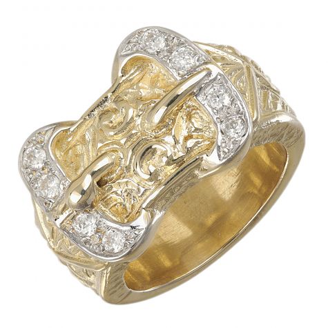 9ct Yellow Gold Cubic Zirconia Solid Double Buckle Ring - Gents