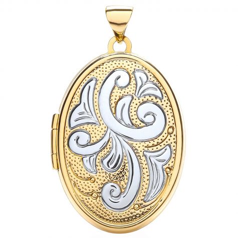 9ct Yellow & White Gold Oval Floral 4 Picture Locket Pendant - 35mm