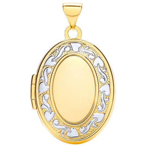 9ct Yellow & White Gold Floral Pattern Oval Locket Pendant - 28mm