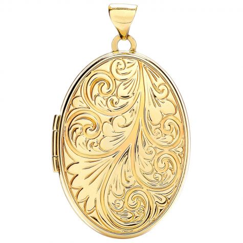 9ct Yellow Gold Floral Patterned Oval Locket Pendant - 38mm