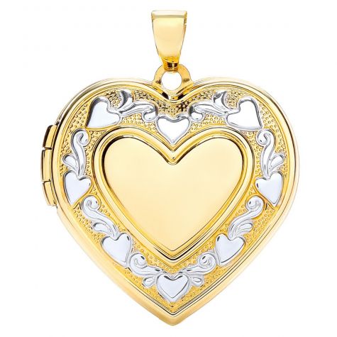 9ct Yellow & White Gold Floral Heart Shaped Locket Pendant - 31mm
