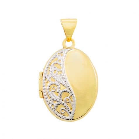 9ct Yellow & White Gold Floral Pattern Oval Locket Pendant - 24mm