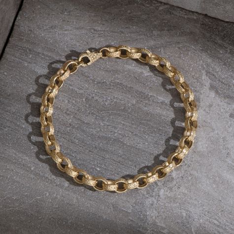 9ct Solid Yellow Gold Ornate Patterned Oval Belcher Chain – 7mm - 9" - Gents