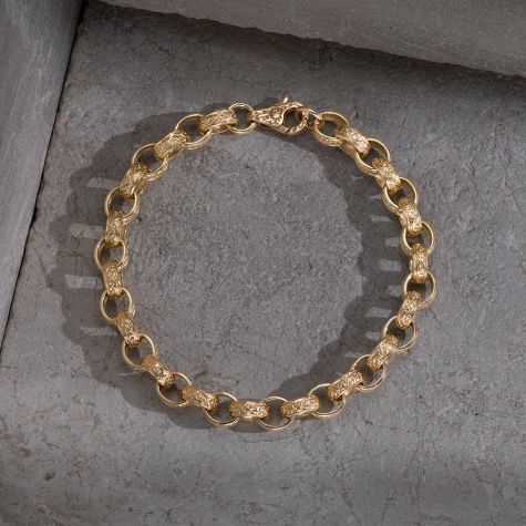 9ct Yellow Gold Solid Ornate Patterned Oval Belcher Bracelet - 8mm - 8" (Ladies)