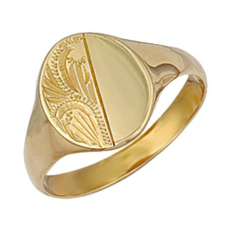 9ct Yellow Gold Solid Hand Engraved Oval Signet Ring - 13mm - Size Q