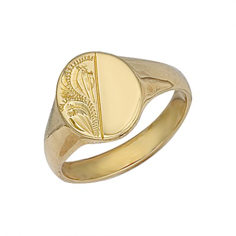 9ct Yellow Gold Solid Hand Engraved Oval Signet Ring - 13.5mm