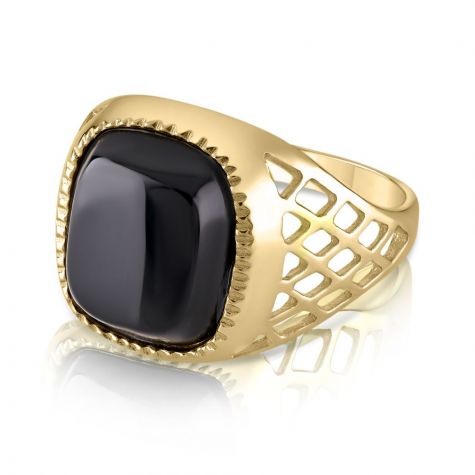 9ct Yellow Gold Solid - Onyx Basket Side Ring - Gents