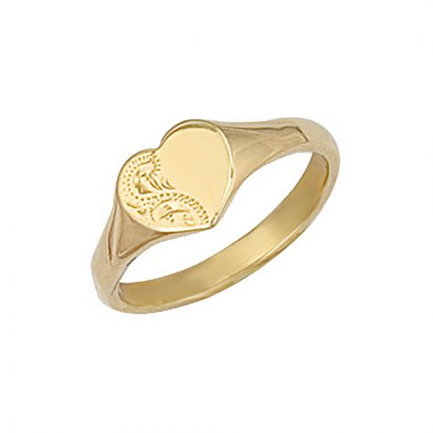 9ct Yellow Gold Solid Engraved Heart Signet Ring - 9mm - Childs