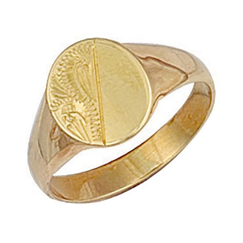 9ct Yellow Gold Solid Hand Engraved Oval Signet Ring - 11mm - Childs - Size Q