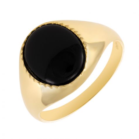 9ct Gold Polished Design Oval Black Onyx Signet Ring - Gents
