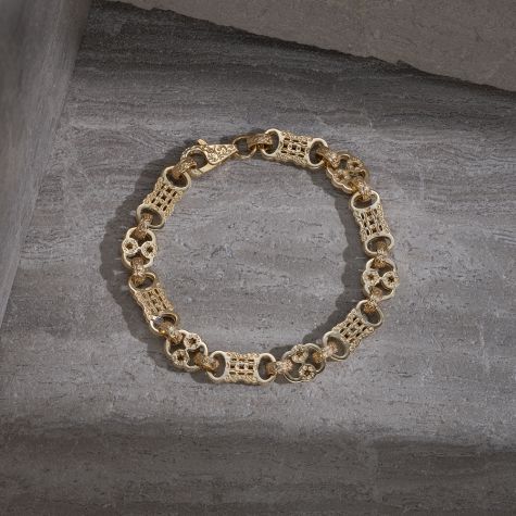 9ct Yellow Gold Ornate Pattern Stars and Bars Bracelet - 11mm - 10" - Gents