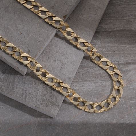 9ct Yellow Gold Ornate Patterned Square Curb Chain - 14mm - 22" - 30"