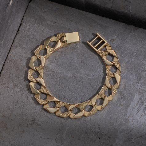 9ct Yellow Gold Solid Ornate Patterned Square Curb Bracelet - 14mm - (8.5" - 9")