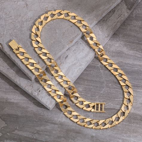 9ct Yellow Gold Snake Patterned Square Curb Chain - 16mm - 22" - 30"