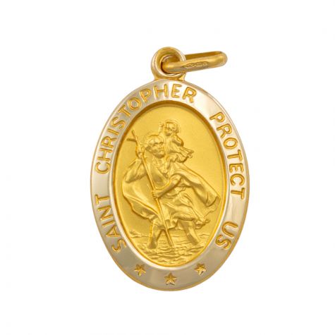 9ct Yellow Gold Oval St. Christopher Protect Us Pendant - 16mm