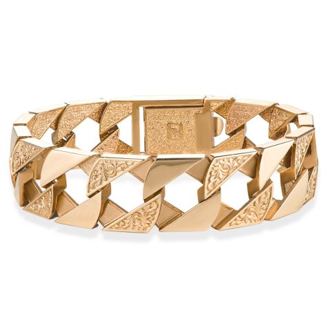Solid 9ct Gold Heavy Patterned Square Curb Bracelet - 18mm Wide - 4.5mm Thick - 9" Gents (Size 7)
