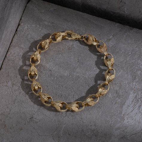 9ct Yellow Gold Solid Ornate Patterned Tulip Bracelet - 12mm - 10" (GENTS)