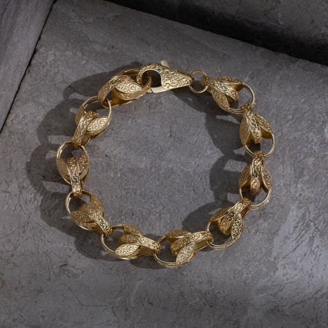 9ct Yellow Gold Solid Ornate Patterned Tulip Bracelet - 14mm - 10" (GENTS)