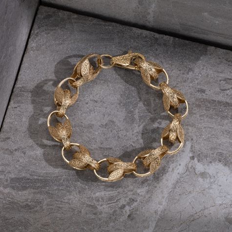 9ct Yellow Gold Solid Ornate Patterned Tulip Bracelet - 16mm - 10" (GENTS)