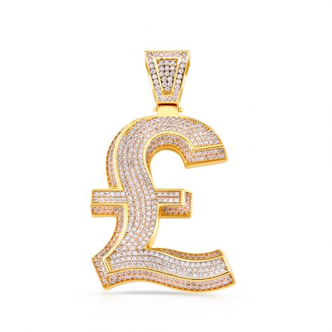 9ct Yellow Gold Cubic Zirconia Iced Out 3D Pound Sign Pendant 