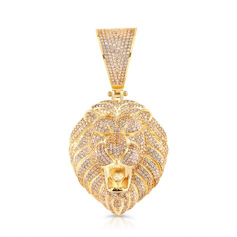 9ct Yellow Gold Iced Out Cubic Zirconia 3D Lion's Head Pendant 