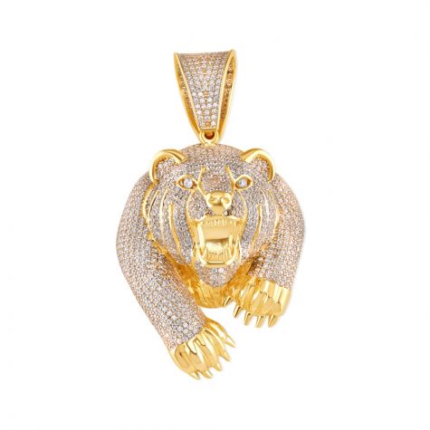 9ct Yellow Gold Iced Out Cubic Zirconia 3D Bear's Head Pendant