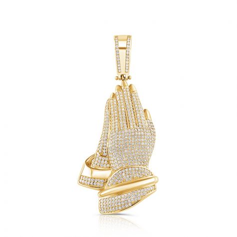 9ct Yellow Gold Cubic Zirconia Iced Out 3D Praying Hands Pendant
