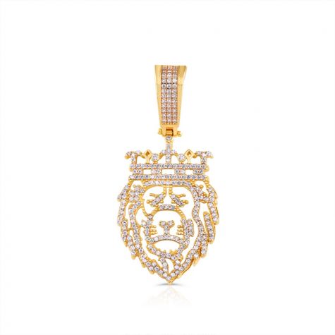 9ct Yellow Gold Iced Out Gem Set Crown Lion Head Pendant        