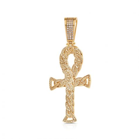 9ct Yellow Gold Iced Out Gemset Curb Link Ankh Cross Pendant