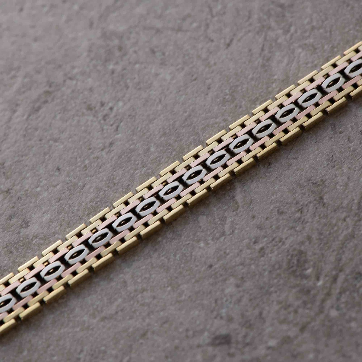 Product Image for 9ct Solid Gold Tri-Colour Link Bracelet – 8mm Wide, 7" Long, Clasp & Figure-of-Eight Safety