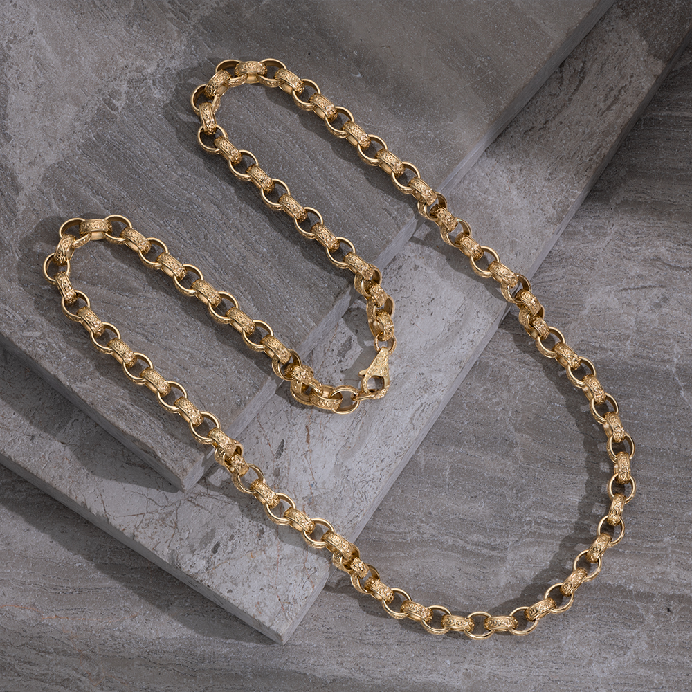 Product Image for 9ct Solid Yellow Gold Ornate Patterned Oval Belcher Chain - 9mm - 14" - Kids