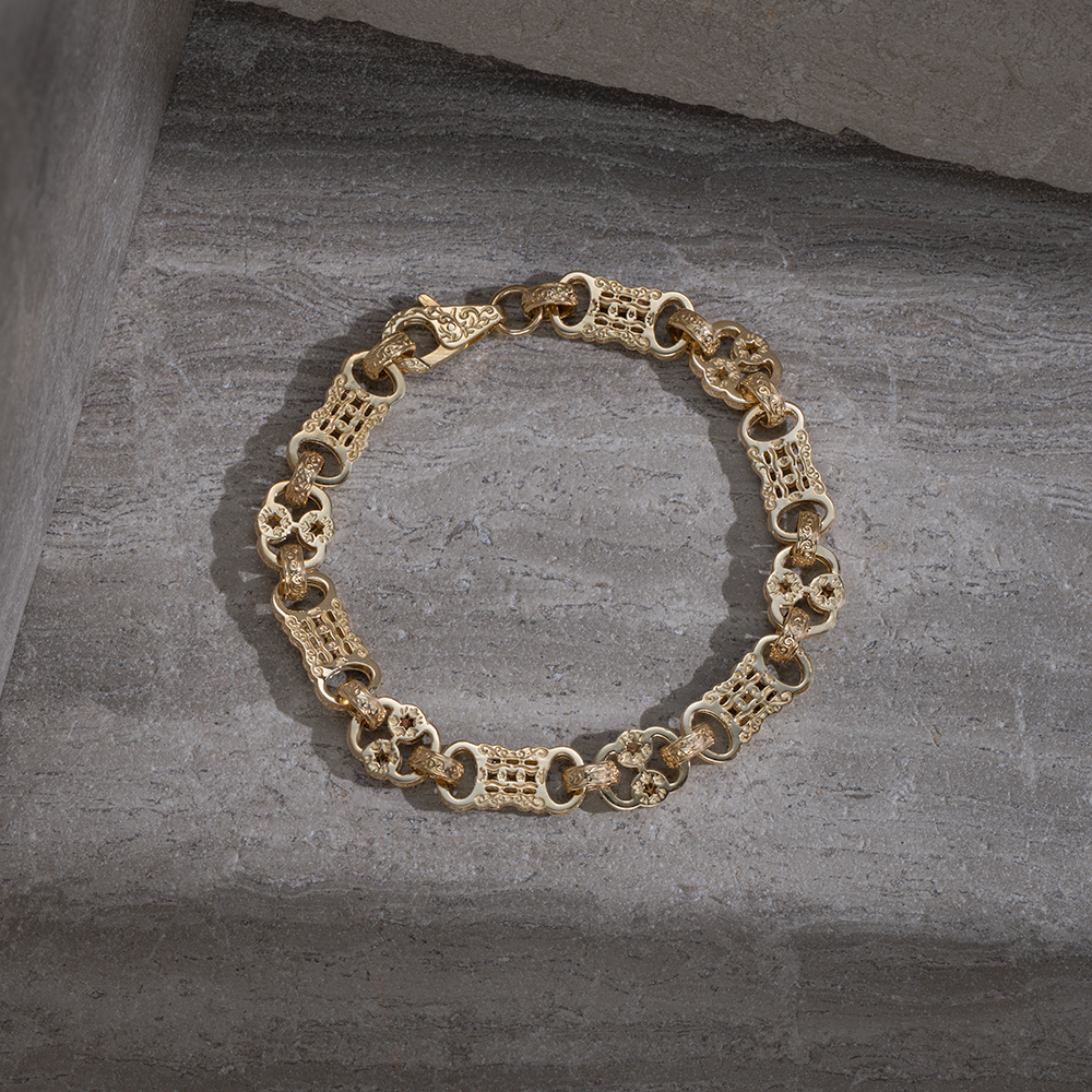 Product Image for 9ct Yellow Gold Ornate Pattern Stars and Bars Bracelet - 11mm - 8.5" - Ladies