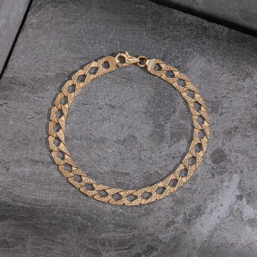 9ct Solid Yellow Gold Fully Patterned Square Curb Bracelet - 8mm - 8.75" - Gents